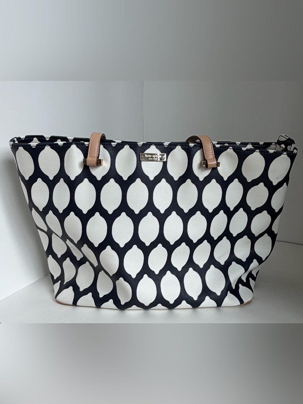 Kate Spade Navy & White Geometric Tote with Tan Handles